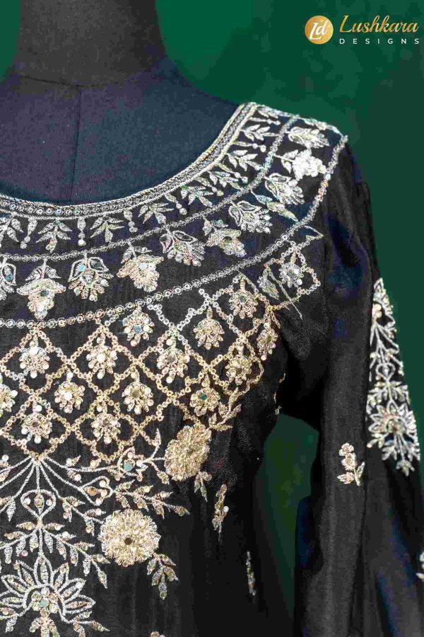 Lushkara Black Sharara Suit with Ivory Thread Embroidery