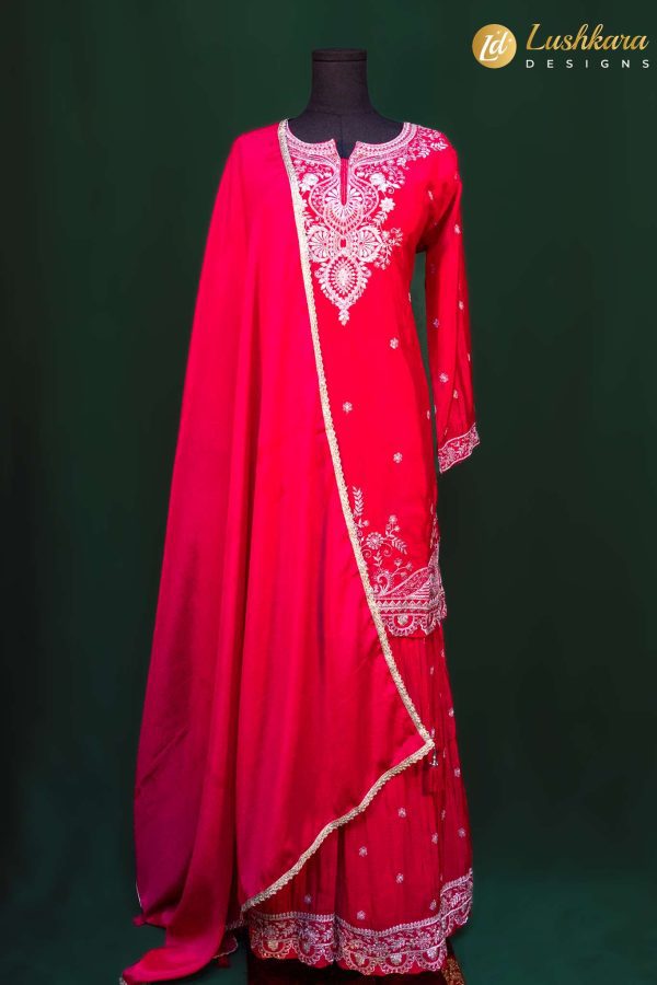 Lushkara Rani Pink Sharara Suit with Ivory Embroidery