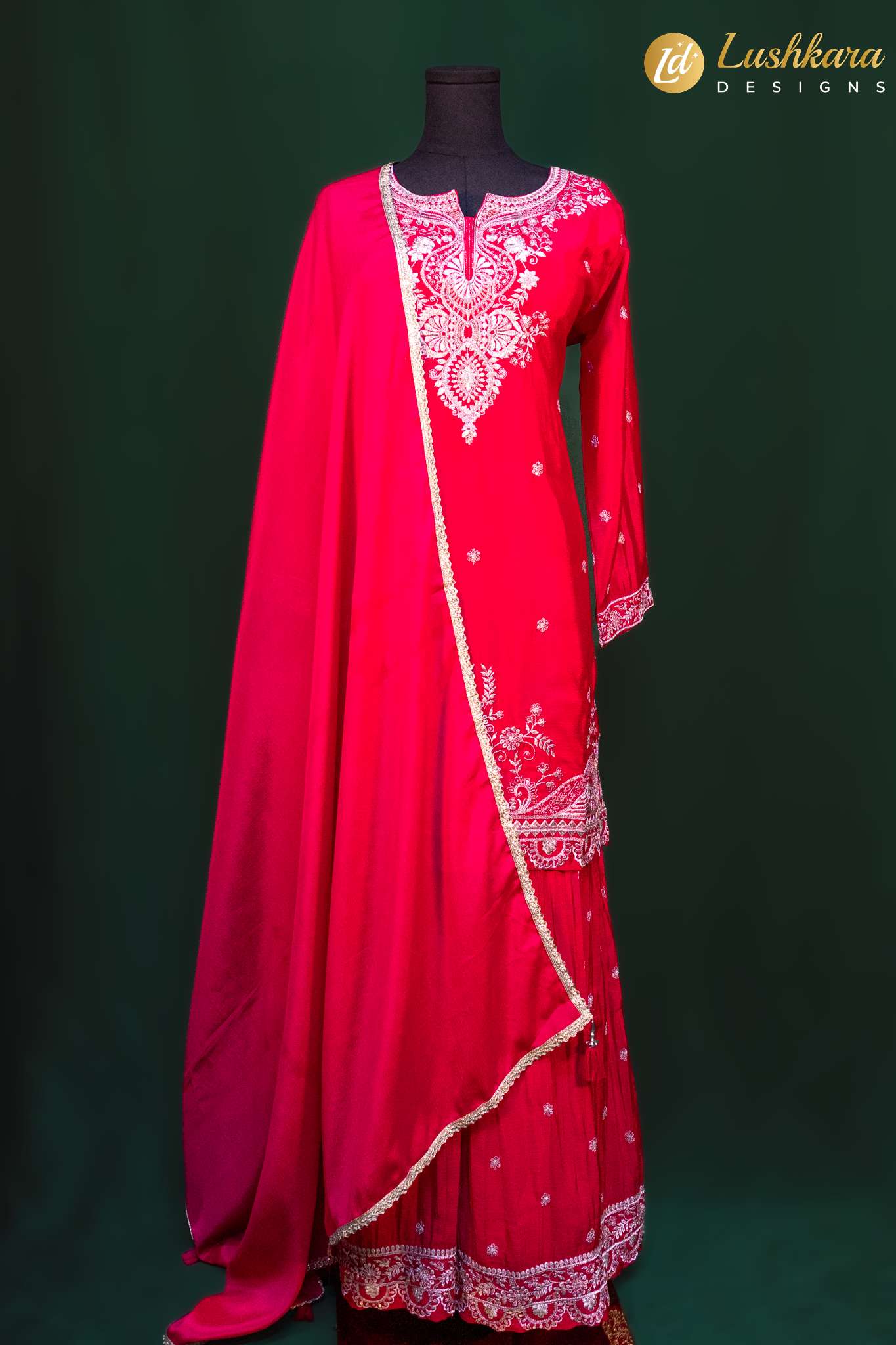 Lushkara Rani Pink Sharara Suit with Ivory Embroidery