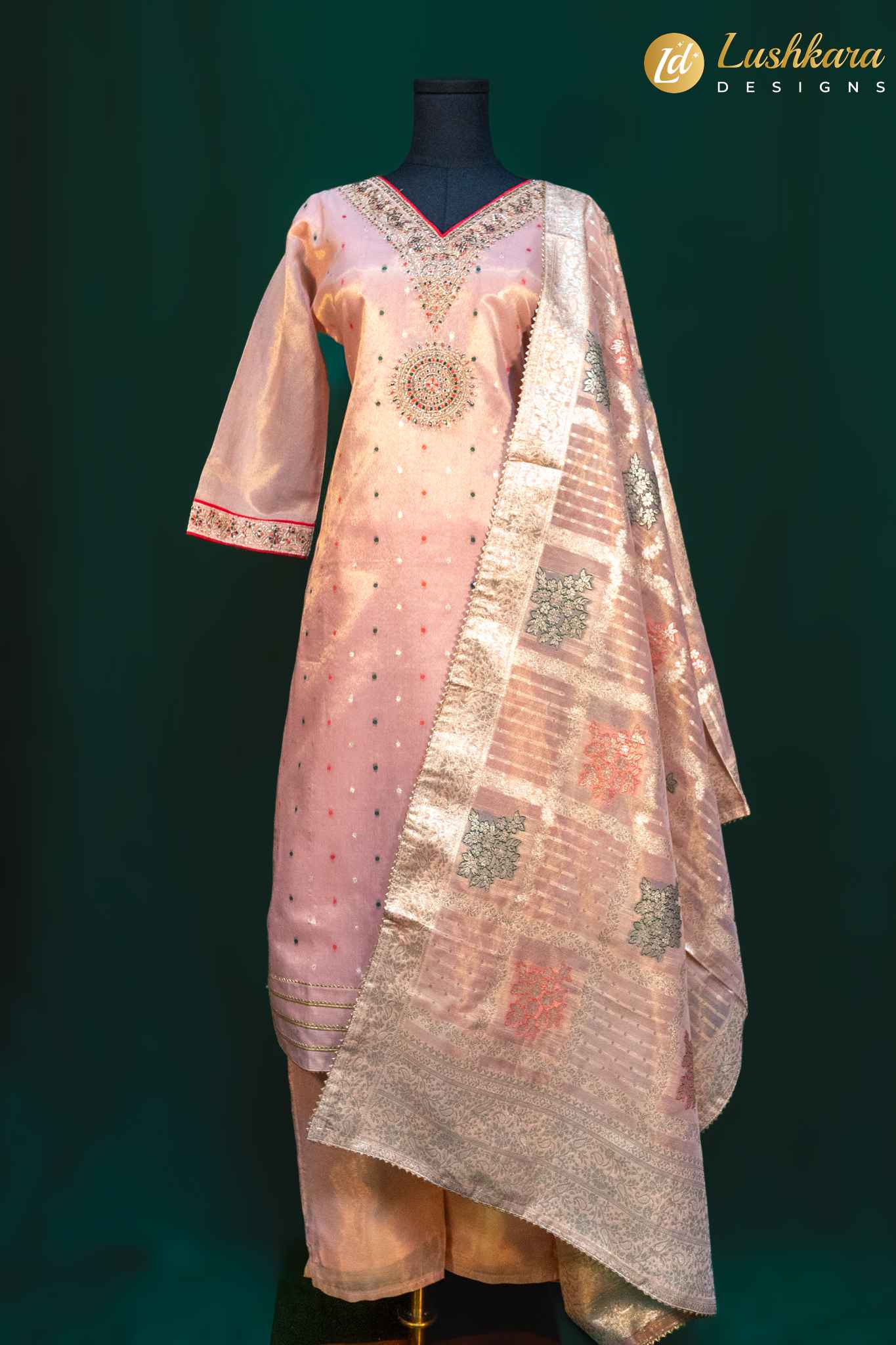 Lushkara Light Mauve Silk Suit with Multicolor Embroidery