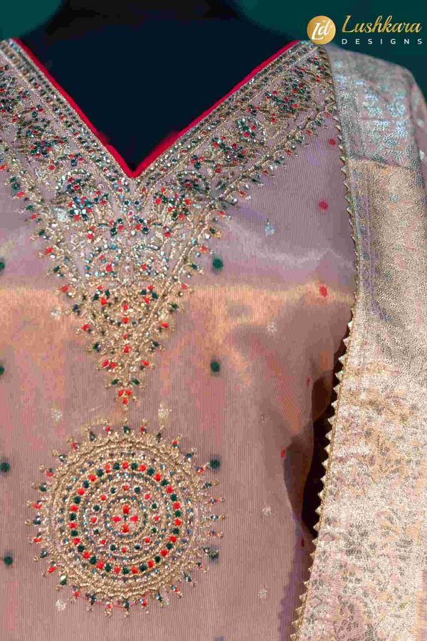 Lushkara Light Mauve Silk Suit with Multicolor Embroidery