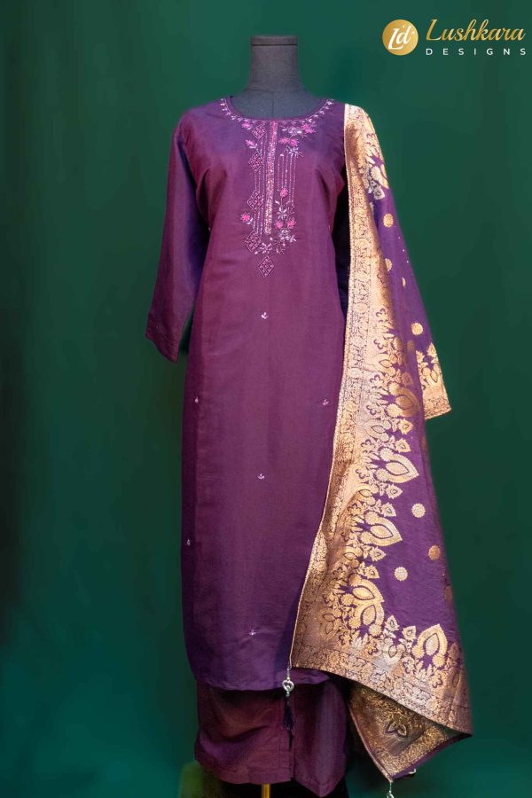 Lushkara Plum Straight-Cut Suit with Embroidery and Banarasi Dupatta