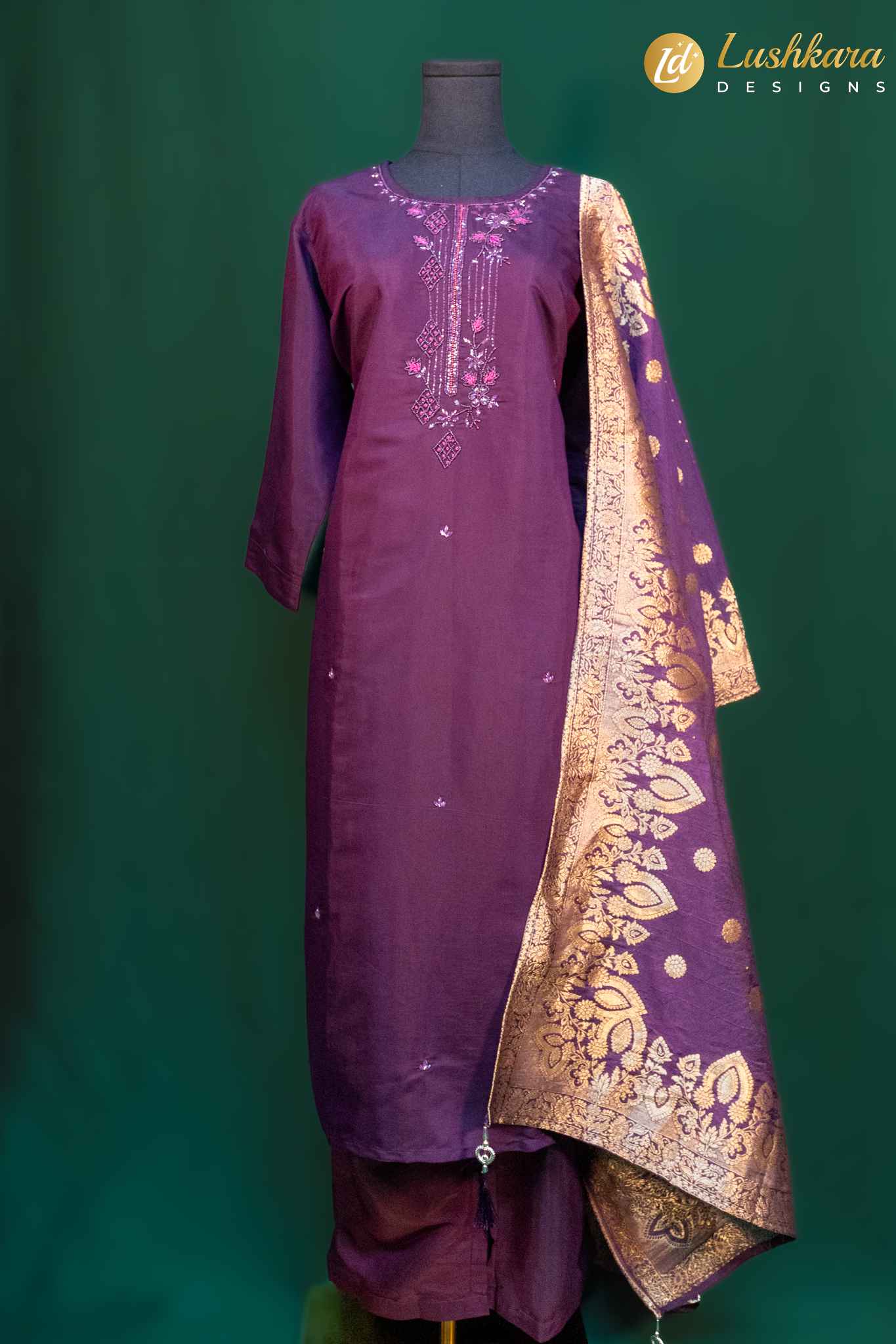 Lushkara Plum Straight-Cut Suit with Embroidery and Banarasi Dupatta