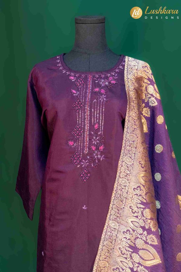 Lushkara Plum Straight-Cut Suit with Embroidery and Banarasi Dupatta - Image 2