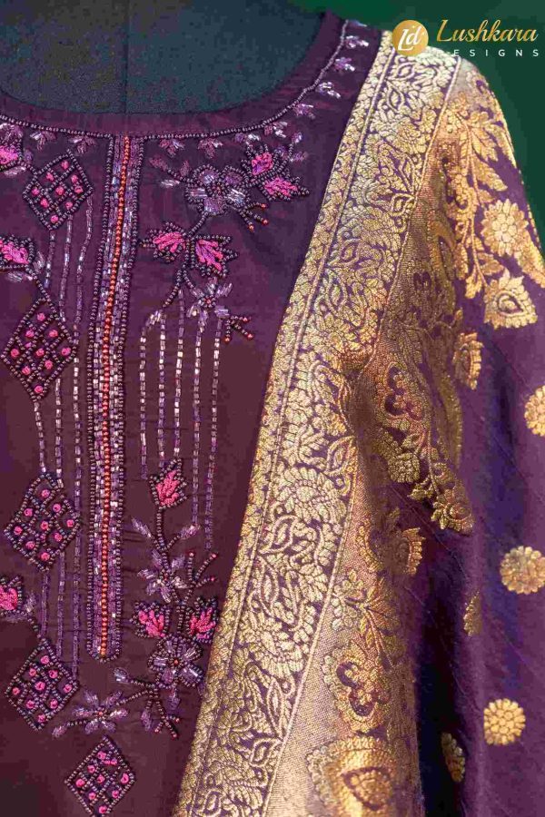 Lushkara Plum Straight-Cut Suit with Embroidery and Banarasi Dupatta - Image 3