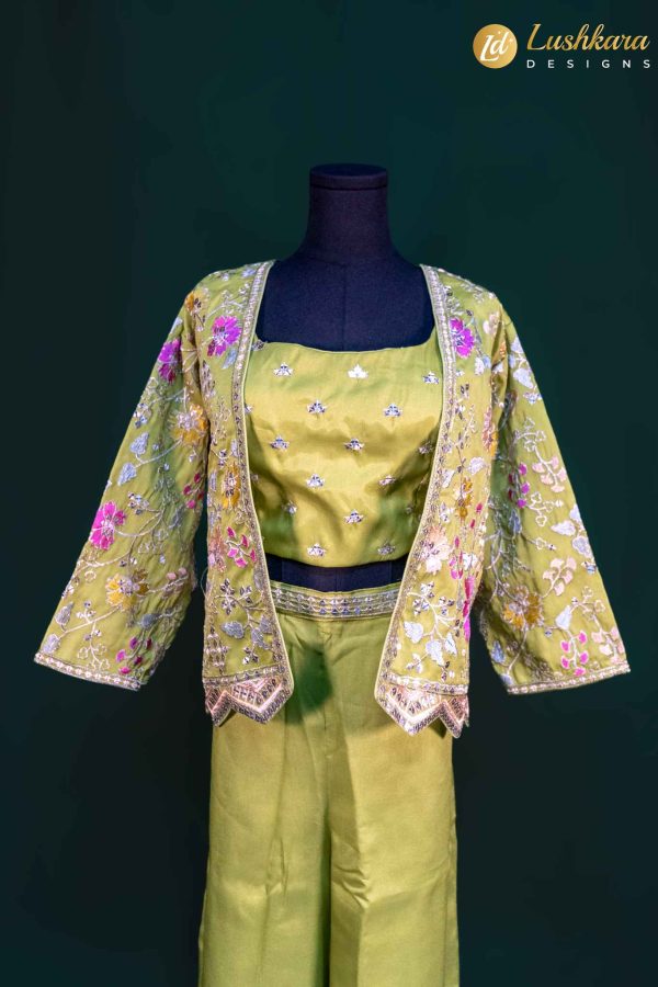 Lushkara Olive Green Indo-Western Set with Jacket - Image 2