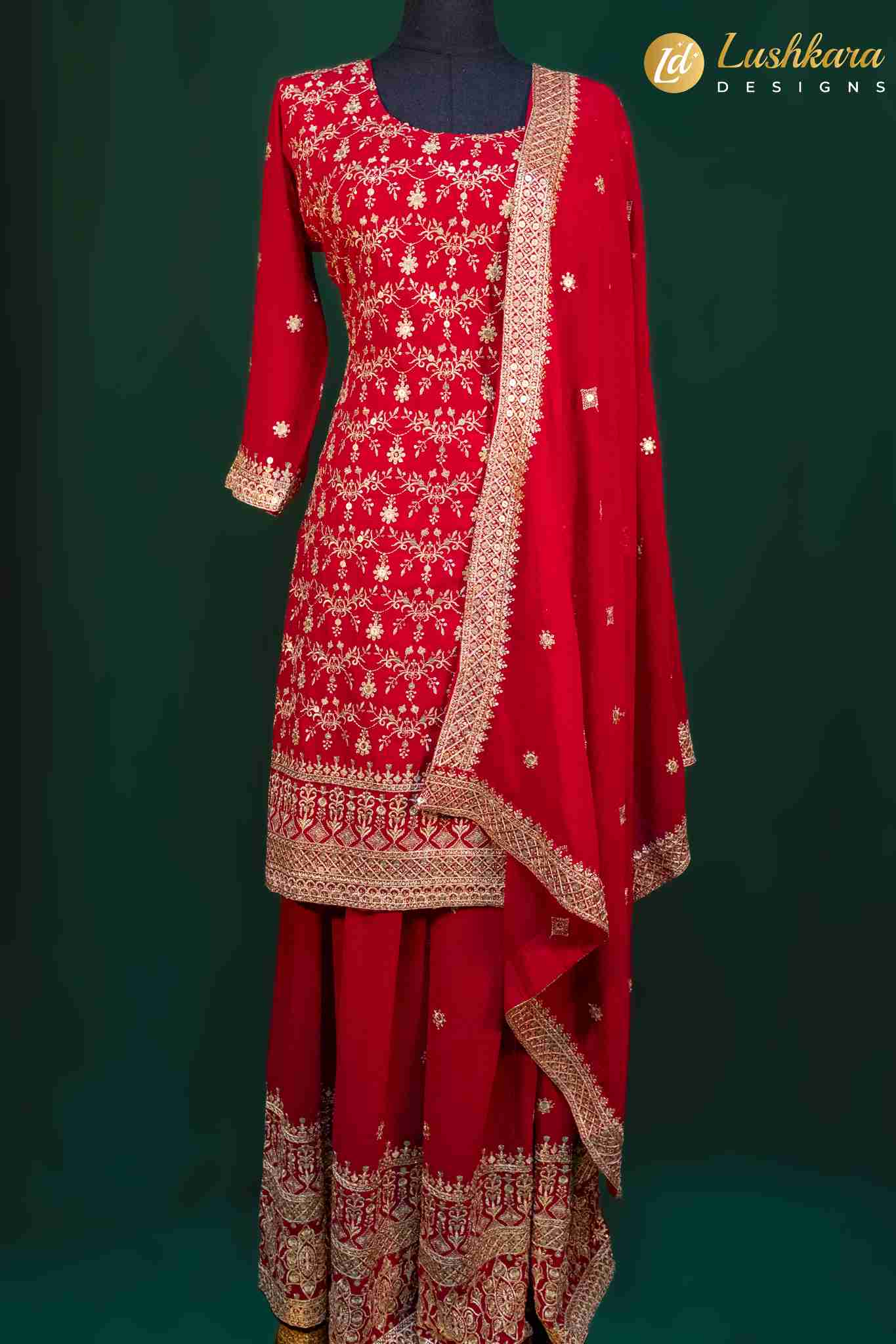 Lushkara Maroon Sharara Suit with Heavy Zari Embroidery and Dupatta