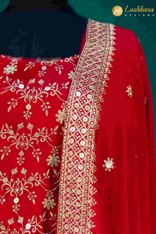 Lushkara Maroon Sharara Suit with Heavy Zari Embroidery and Dupatta