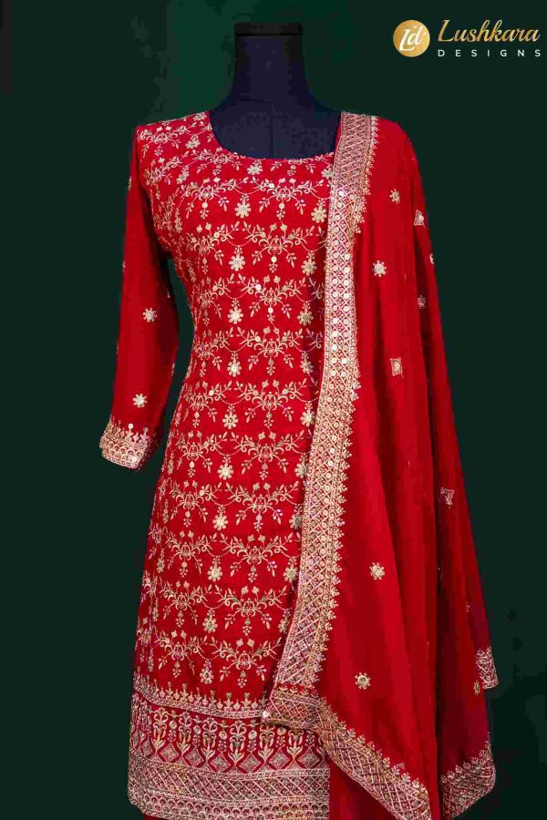 Lushkara Maroon Sharara Suit with Heavy Zari Embroidery and Dupatta