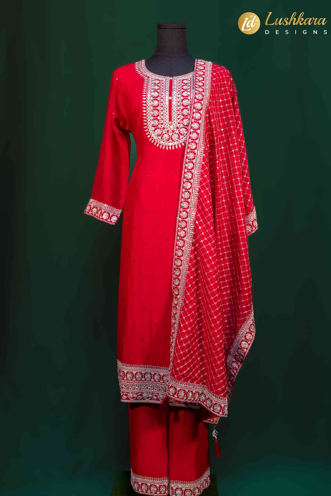 Lushkara Red Straight Suit with Ivory Embroidery & Dupatta