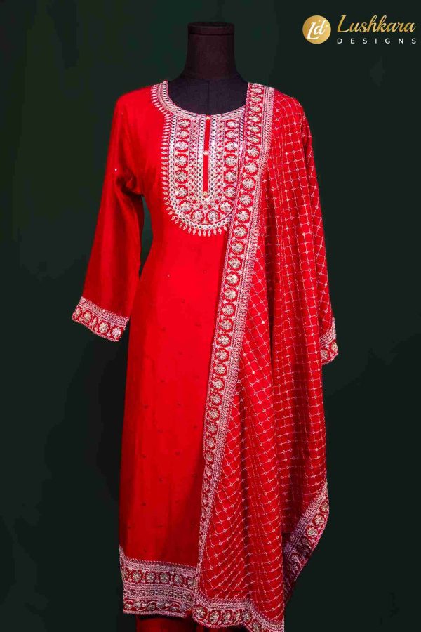 Lushkara Red Straight Suit with Ivory Embroidery & Dupatta