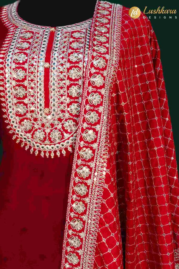 Lushkara Red Straight Suit with Ivory Embroidery & Dupatta
