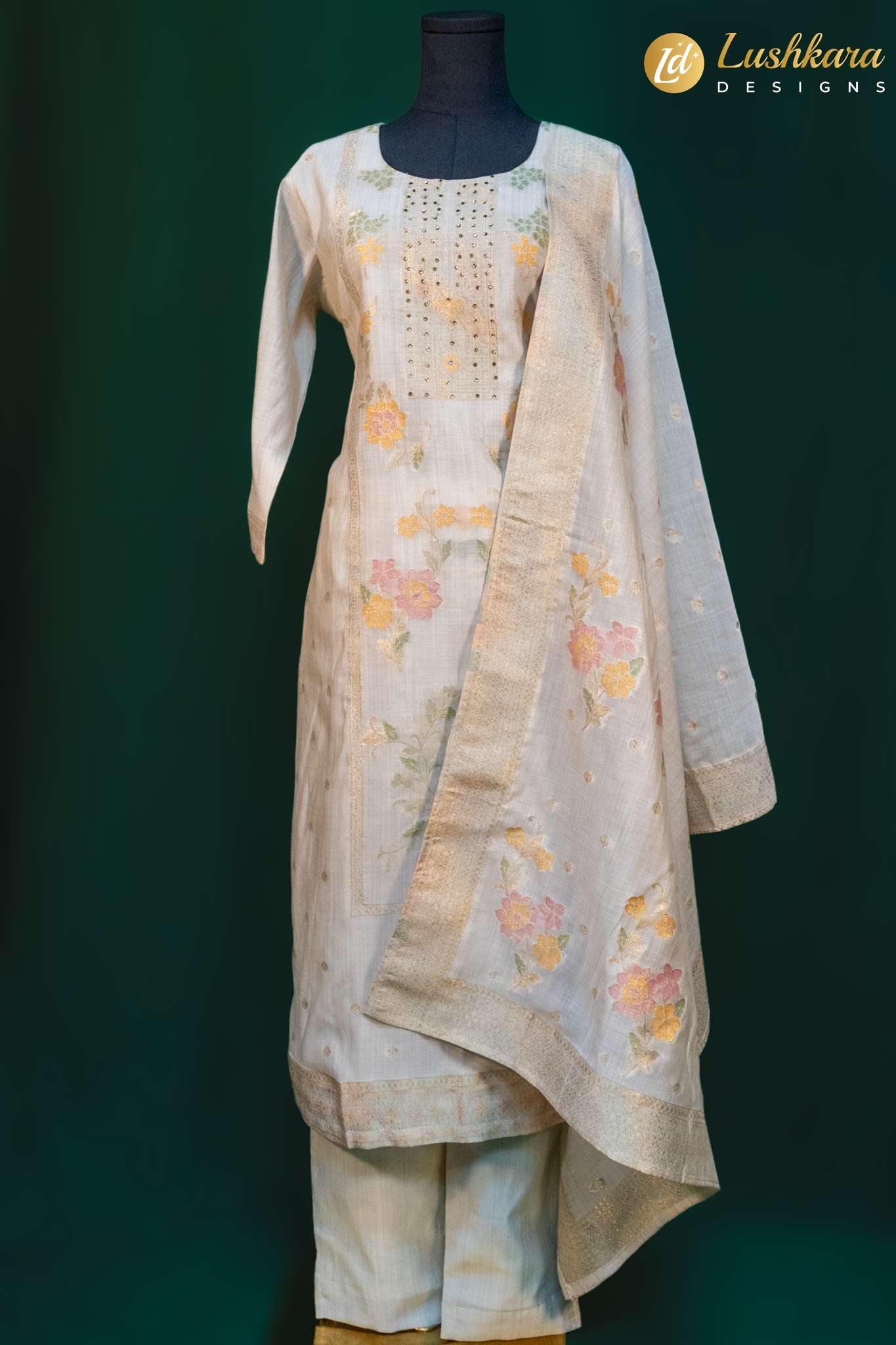Lushkara Ivory Floral Cotton Suit with Gota Work and Dupatta