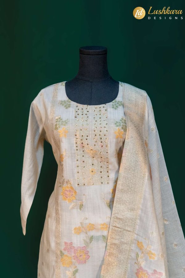 Lushkara Ivory Floral Cotton Suit with Gota Work and Dupatta