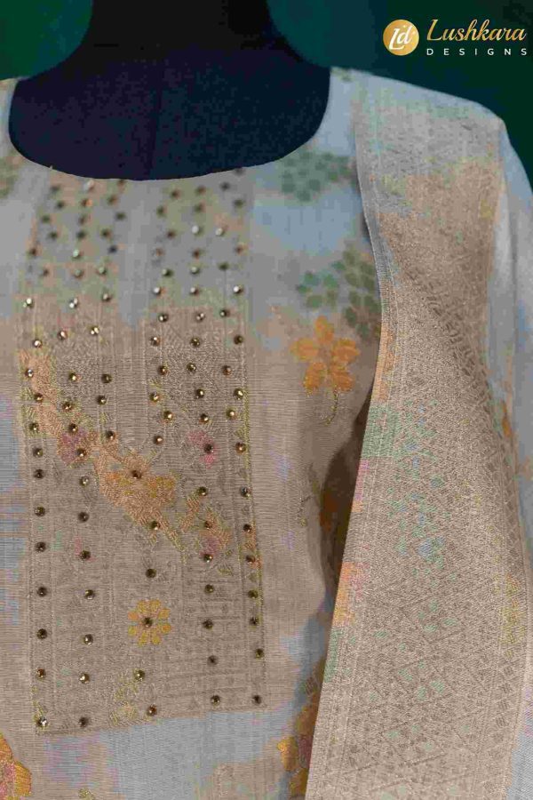 Lushkara Ivory Floral Cotton Suit with Gota Work and Dupatta