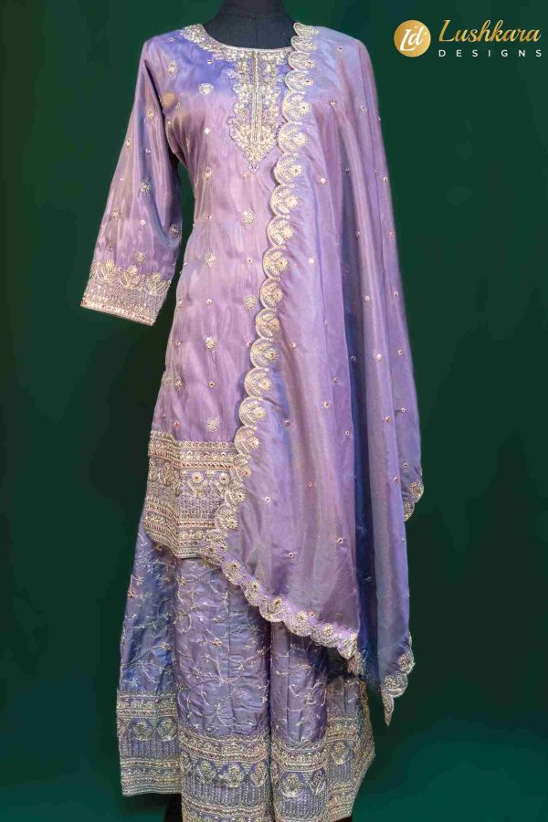 Lushkara Lavender Sharara Suit with Heavy Embroidery and Scalloped Dupatta
