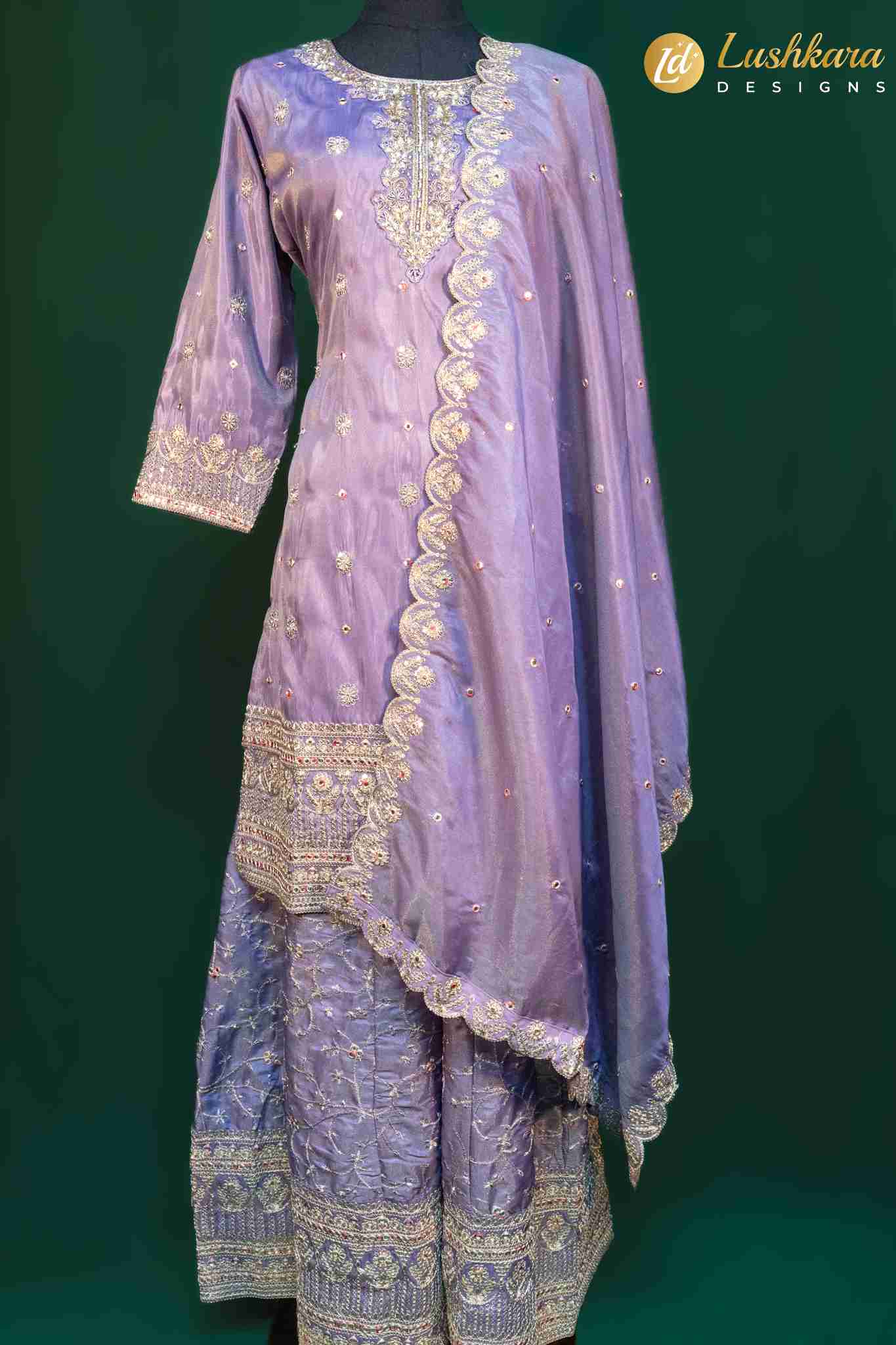 Lushkara Lavender Sharara Suit with Heavy Embroidery and Scalloped Dupatta