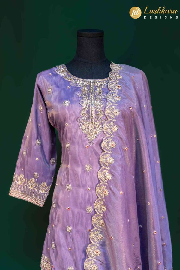 Lushkara Lavender Sharara Suit with Heavy Embroidery and Scalloped Dupatta - Image 3