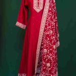 Lushkara Maroon Anarkali Suit, Ivory Embroidery and Dupatta
