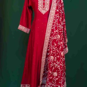 Lushkara Maroon Anarkali Suit, Ivory Embroidery and Dupatta