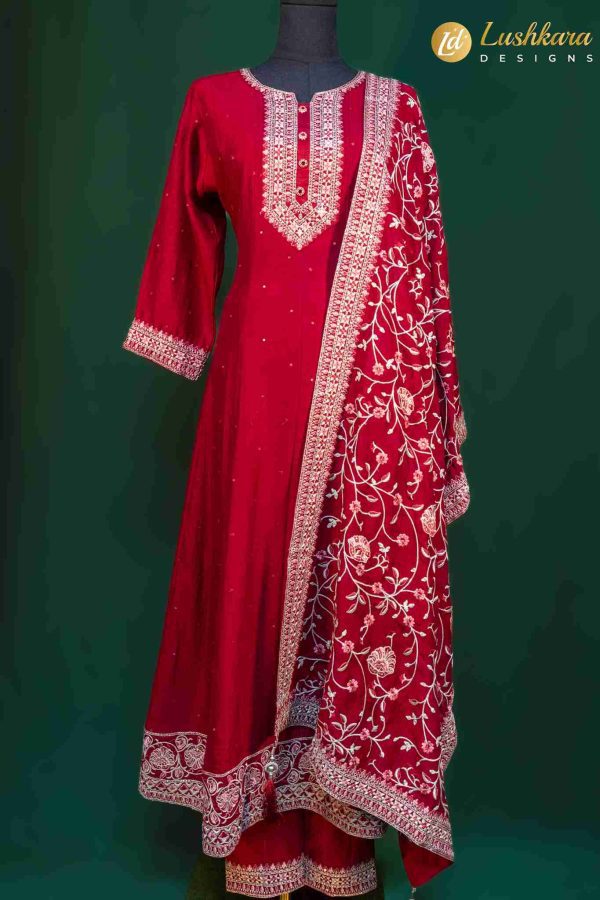 Lushkara Maroon Anarkali Suit, Ivory Embroidery and Dupatta