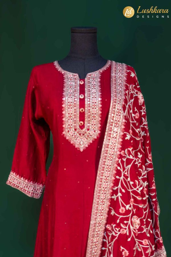 Lushkara Maroon Anarkali Suit, Ivory Embroidery and Dupatta