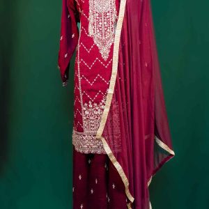Lushkara Maroon Sharara Suit, Ivory Embroidery and Dupatta