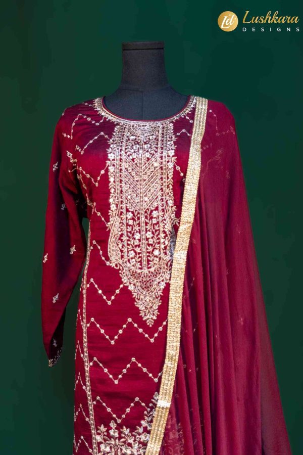 Lushkara Maroon Sharara Suit, Ivory Embroidery and Dupatta