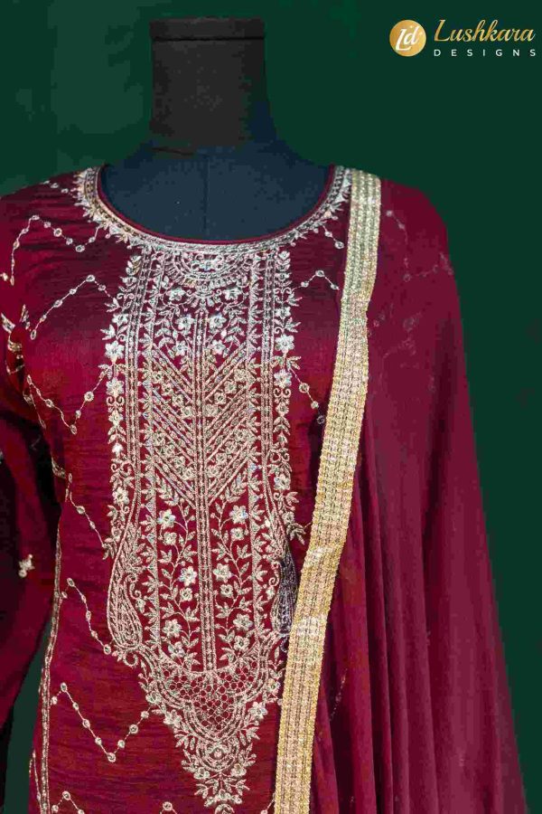 Lushkara Maroon Sharara Suit, Ivory Embroidery and Dupatta
