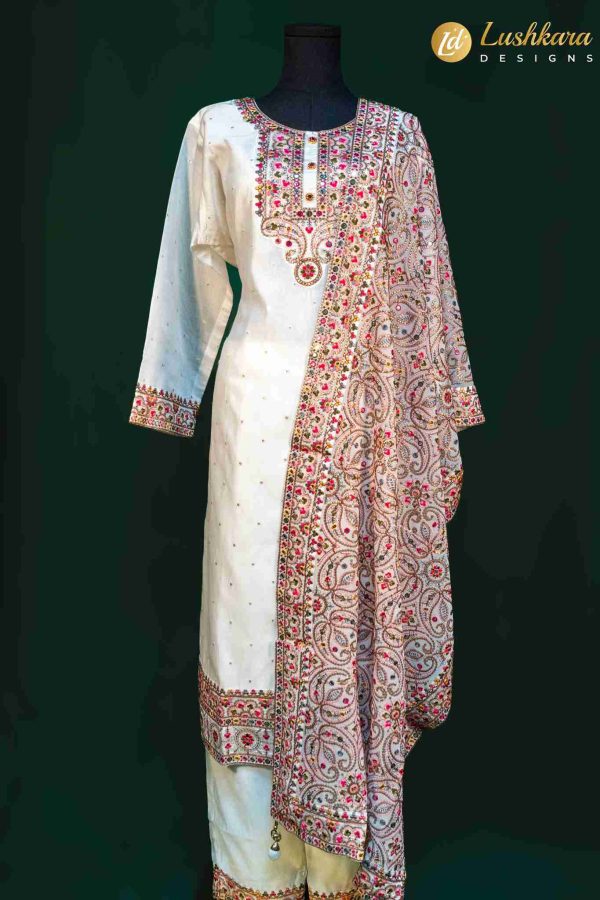 Lushkara Ivory Suit with Multicolor Embroidery and Dupatta