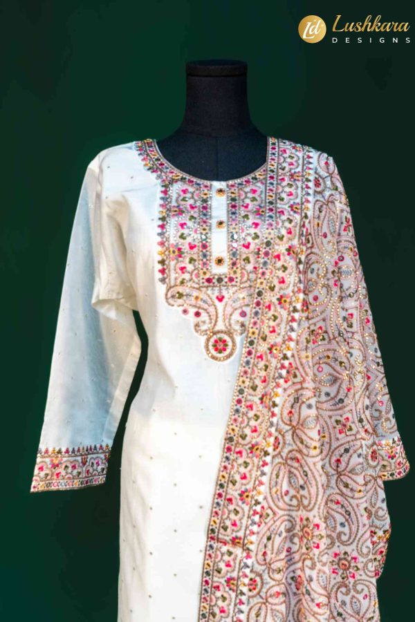 Lushkara Ivory Suit with Multicolor Embroidery and Dupatta