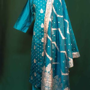 Lushkara Teal Blue Suit with Gold Foil Print and Banarasi Dupatta