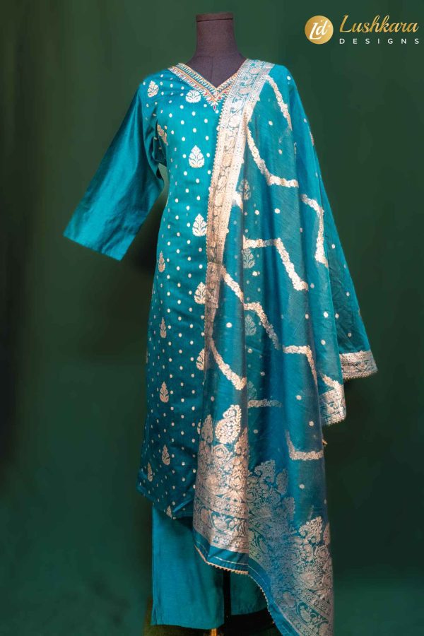 Lushkara Teal Blue Suit with Gold Foil Print and Banarasi Dupatta