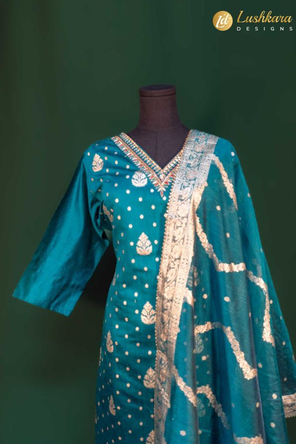 Lushkara Teal Blue Suit with Gold Foil Print and Banarasi Dupatta