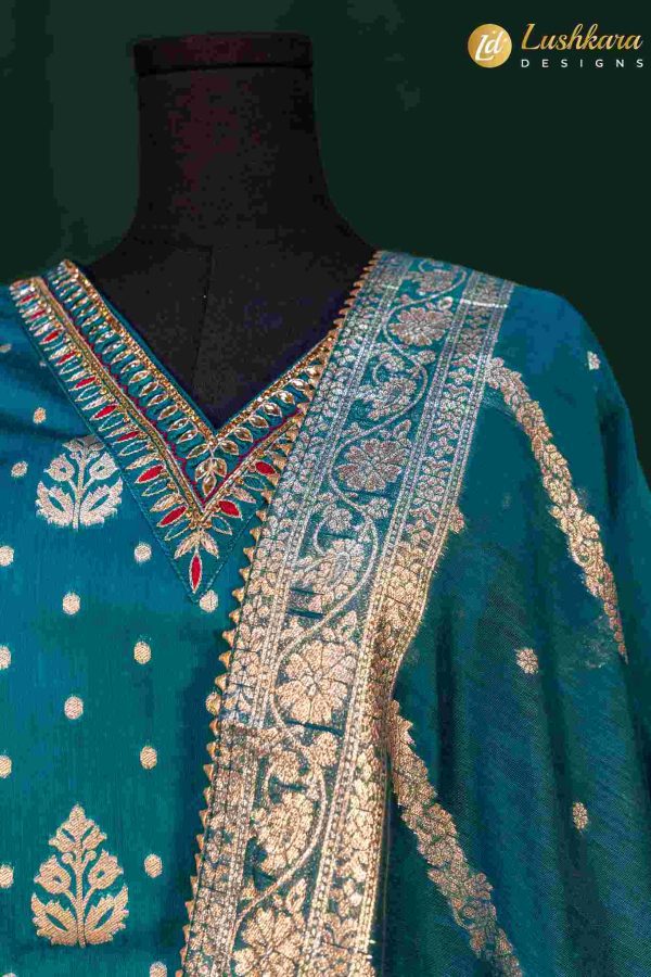 Lushkara Teal Blue Suit with Gold Foil Print and Banarasi Dupatta
