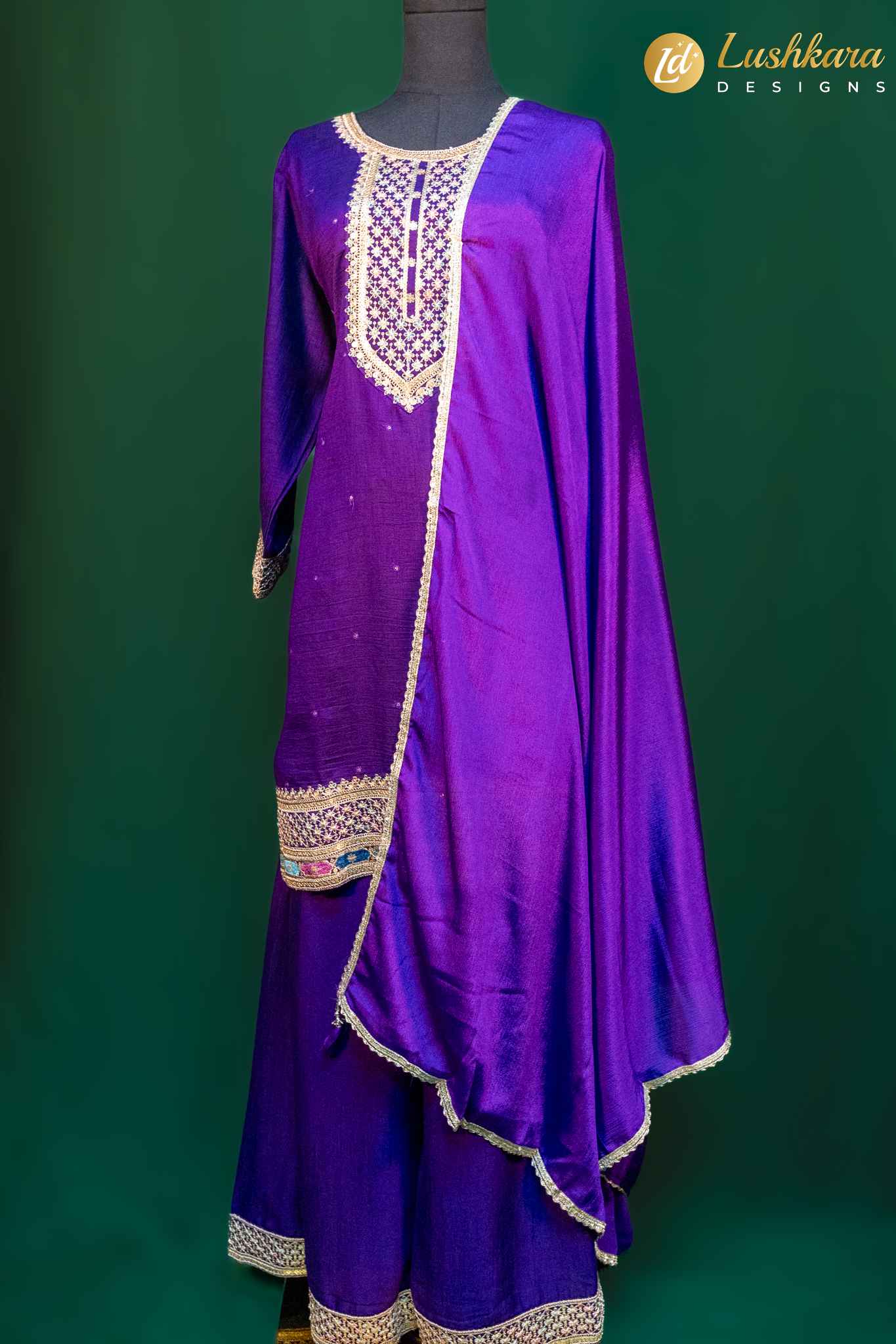 Lushkara Royal Purple Sharara Suit with Golden Embroidery