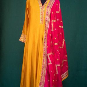 Lushkara Mustard Yellow Anarkali Suit Set with Pink Dupatta