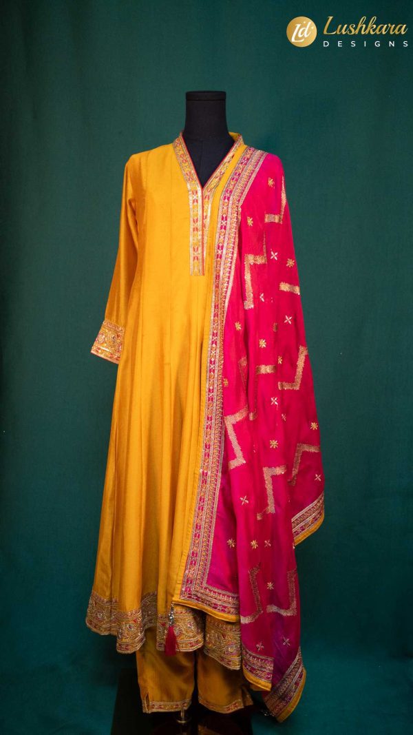 Lushkara Mustard Yellow Anarkali Suit Set with Pink Dupatta