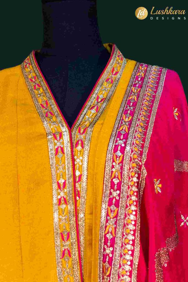 Lushkara Mustard Yellow Anarkali Suit Set with Pink Dupatta
