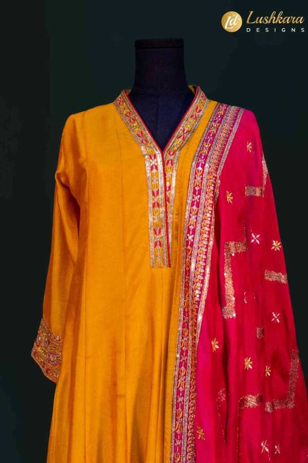 Lushkara Mustard Yellow Anarkali Suit Set with Pink Dupatta