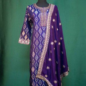 Lushkara Blue Geometric Weave Suit with Embroidered Dupatta