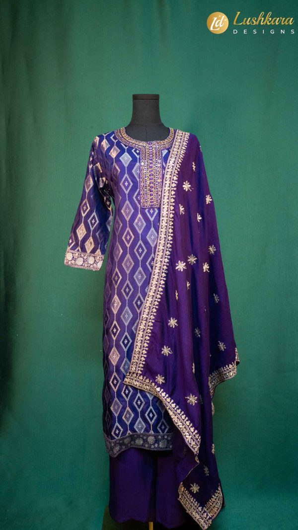 Lushkara Blue Geometric Weave Suit with Embroidered Dupatta