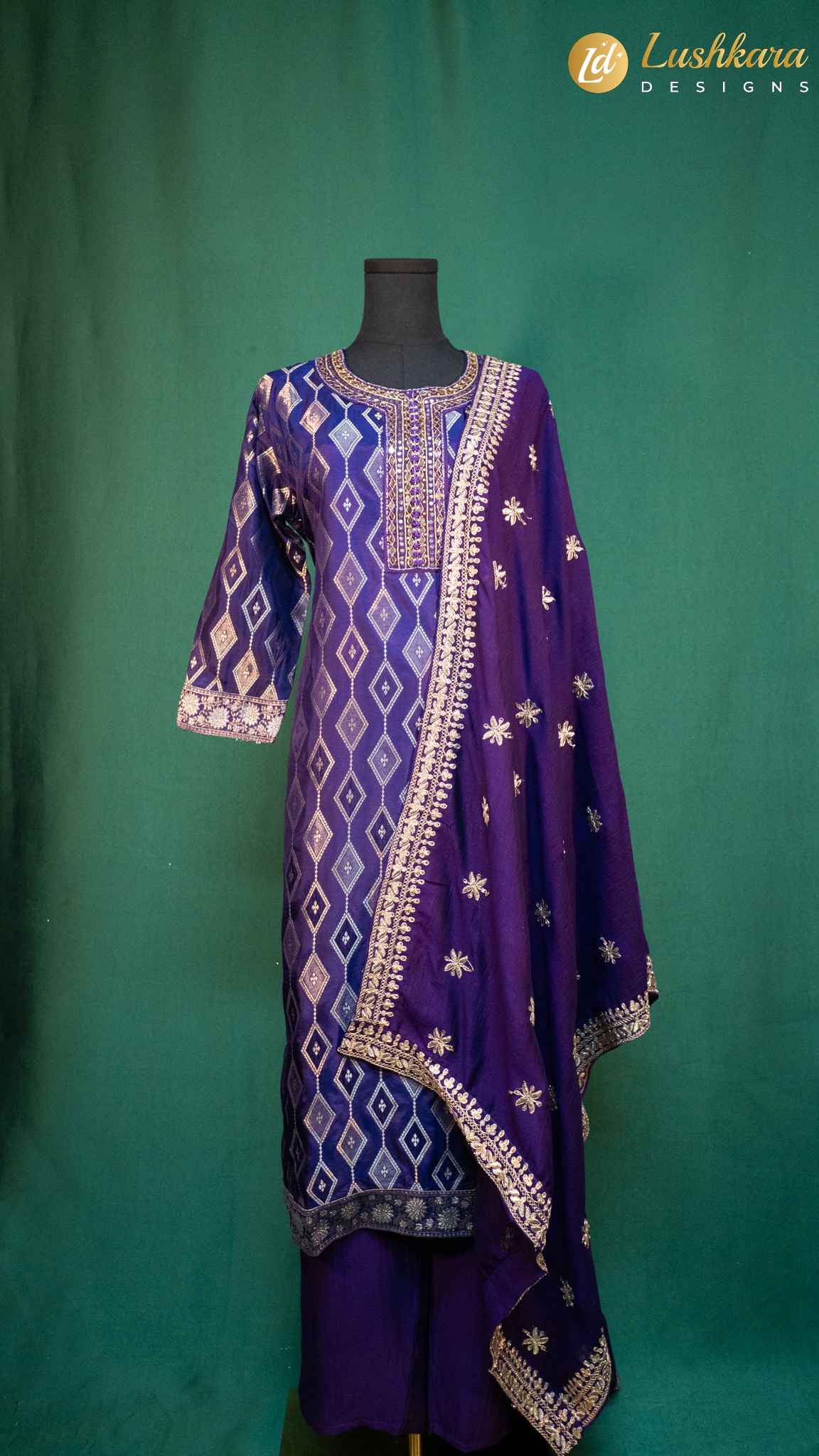 Lushkara Blue Geometric Weave Suit with Embroidered Dupatta
