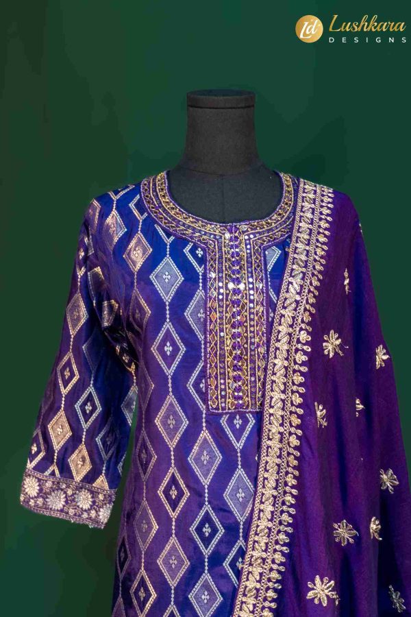 Lushkara Blue Geometric Weave Suit with Embroidered Dupatta