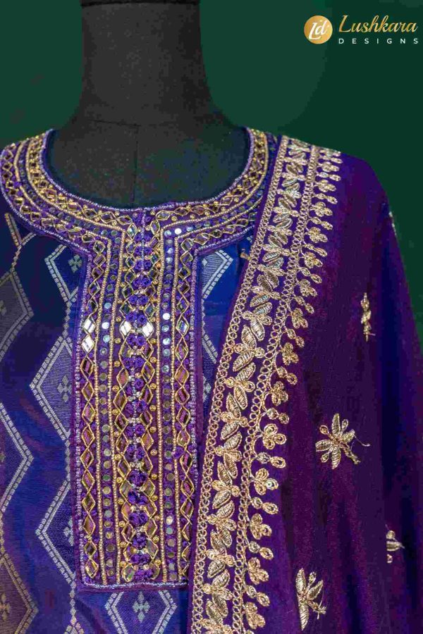 Lushkara Blue Geometric Weave Suit with Embroidered Dupatta