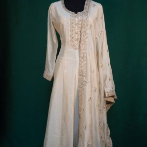 Lushkara Ivory Anarkali Suit with Mirror and Thread Embroidery