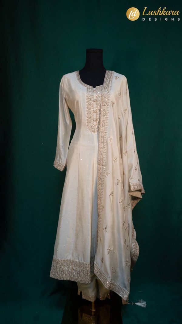 Lushkara Ivory Anarkali Suit with Mirror and Thread Embroidery
