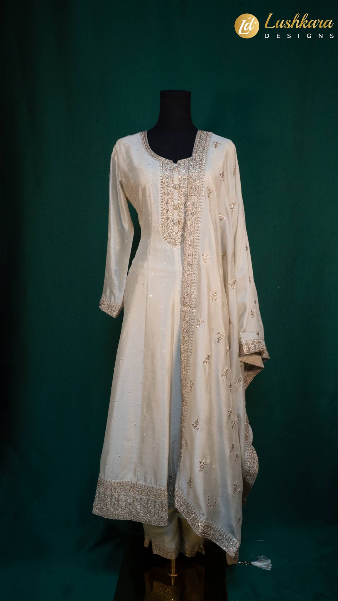 Lushkara Ivory Anarkali Suit with Mirror and Thread Embroidery