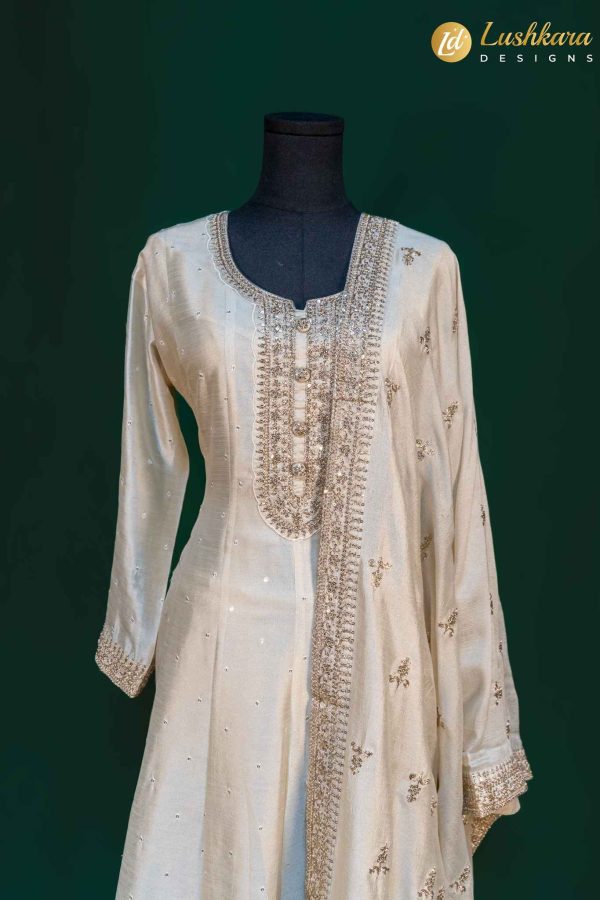 Lushkara Ivory Anarkali Suit with Mirror and Thread Embroidery