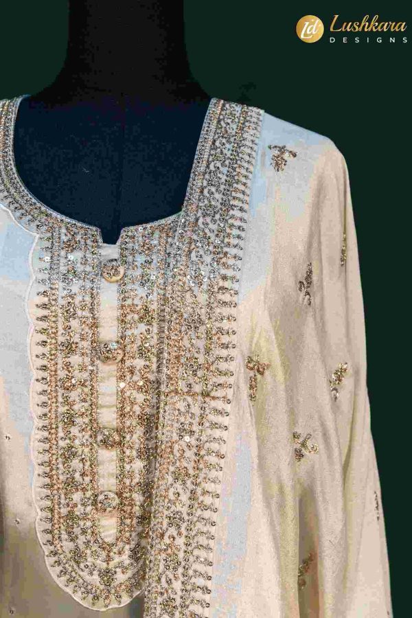 Lushkara Ivory Anarkali Suit with Mirror and Thread Embroidery